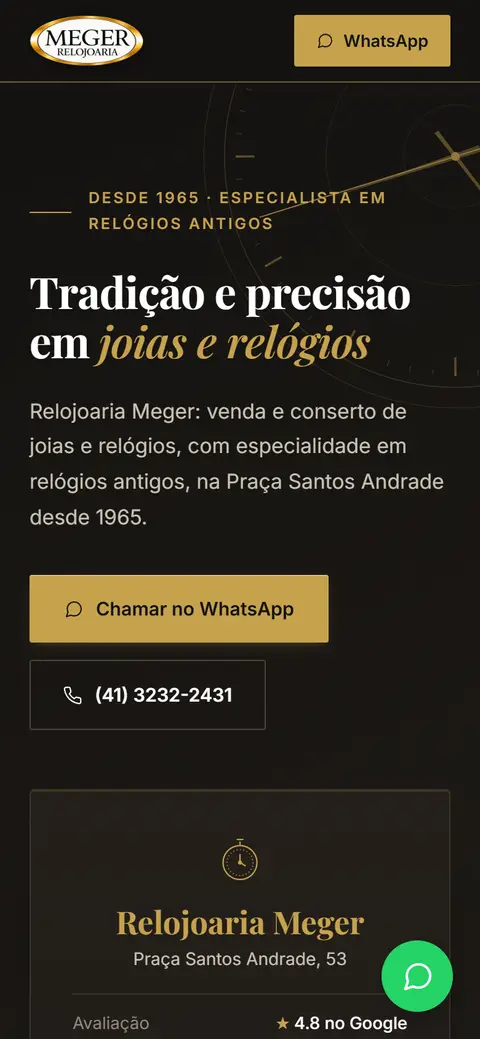 Primeira tela do site Relojoaria Meger no celular