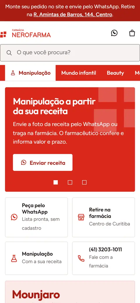 Primeira tela do site Nerofarma no celular